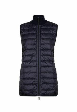 Marineblå puffervest med høj hals, lynlåslukning foran og quiltet tekstur. Har ærmeløs design og en glat overflade.