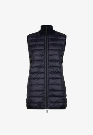 Marineblå puffervest med høj hals, lynlåslukning foran og quiltet tekstur. Har ærmeløs design og en glat overflade.