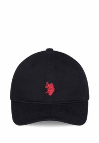 Schwarze Baumwoll-Basecap mit einem roten, gestickten Logo vorne, strukturierter Form und gebogenem Schirm.