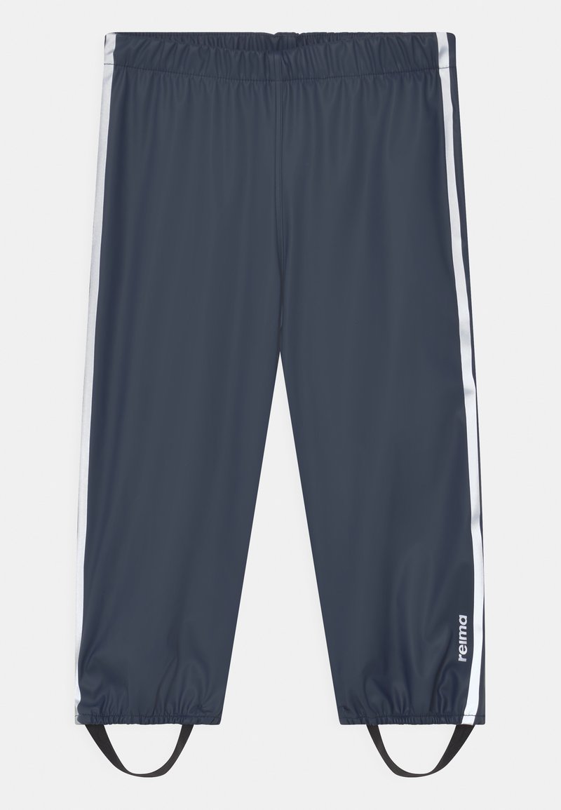 Navy blue athletic pants with elastic waistband, white side stripes, and adjustable ankle straps. Made of lightweight, smooth material.