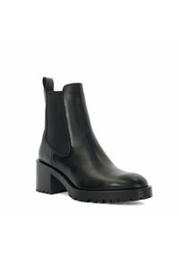 Black leather ankle boot featuring elastic side panels, a rounded toe, and a chunky heel with a textured sole for grip.