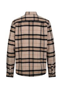 Karierte Bluse in Beige, Braun und Schwarz. Aus weichem Stoff gefertigt. Mit Kragen, Knopfmanschetten und abgerundetem Saum. Sichtbare Nähte.