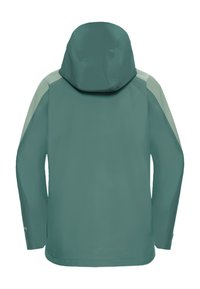 Türkisfarbene wasserdichte Jacke mit Kapuze, hellgrünen Schulterakzenten und langen Ärmeln, glatter Textur und ohne sichtbare Verschlüsse.