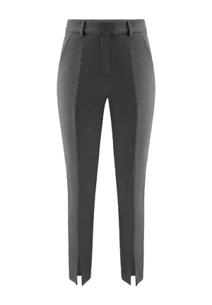Hoch taillierte, maßgeschneiderte graue Hose mit vorderer Bügelfalte, Gürtelschlaufen, verdecktem Verschluss und vorderen Beinschlitzen am Saum.