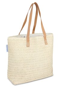 Geflochtener Strohtasche in Creme mit glatten, braunen Ledergriffen. Sie hat eine schlichte Form und ein unliniertes Inneres mit einem Druckverschluss.