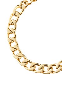 Collana in oro con grandi maglie intrecciate e finitura lucida, caratterizzata da una superficie liscia e riflettente.