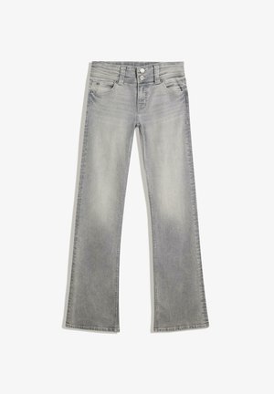 Grå denim flared jeans med en afdæmpet finish, der har en knaplukning, fem lommer og syet detaljering langs taljebåndet og kanten.