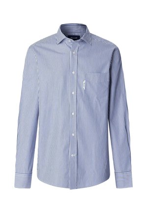 Chemise à boutons en tissu léger présentant des rayures verticales bleues et blanches. Comprend une poche poitrine gauche et un col classique.
