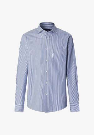 Chemise à boutons en tissu léger présentant des rayures verticales bleues et blanches. Comprend une poche poitrine gauche et un col classique.