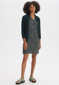 Schwarzes Kleid mit weißen Punkten, knielang, kombiniert mit einer dunkelgrünen Strickjacke und grünen Sandalen mit schwarzen Sohlen, flaches Design.