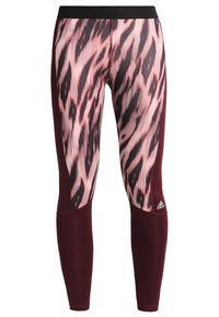 Burgundowe legginsy sportowe z różowym i czarnym wzorem zwierzęcym. Gładki, elastyczny materiał z czarnym pasem w talii i detalem logo.