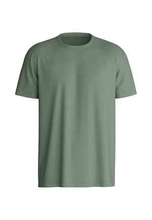 T-shirt met korte mouwen in gedempt groen, gemaakt van zachte stof. Voorzien van een ronde hals en een rechte snit, zonder zichtbare patronen of accenten.