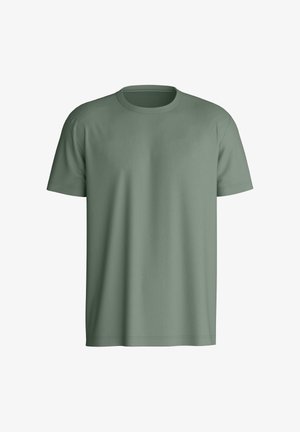 T-shirt met korte mouwen in gedempt groen, gemaakt van zachte stof. Voorzien van een ronde hals en een rechte snit, zonder zichtbare patronen of accenten.