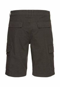 Mørkegrå cargoshorts med to sidelommer, tekstureret stof, bæltestropper og kontrastsyede detaljer. Bagudseende viser lommeoplysninger.