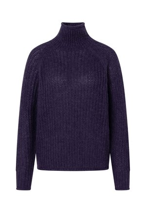 Dark purple knitted turtleneck sweater with long sleeves and a slightly loose fit.