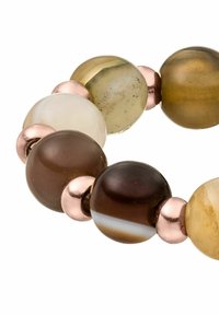 Kralenarmband met ronde, gladde, meerkleurige kralen in bruin, groen en crème, gescheiden door metalen rosegoudaccenten.