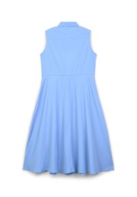 Helles, himmelblaues, ärmelloses Kleid mit Kragen, tailliertem Bund und schwingendem Rock. Glattes Material mit minimaler Detailgestaltung.