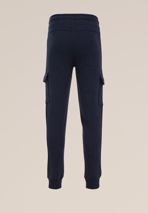 Jogging en bleu marine avec une ceinture extensible, des poches cargo sur les côtés et des poignets élastiques aux chevilles. Tissu doux avec une texture lisse.
