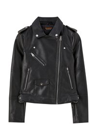 Veste noire en similicuir style motard avec fermeture éclair asymétrique à l'avant, poches zippées et à pression, et bretelles à pression aux épaules.