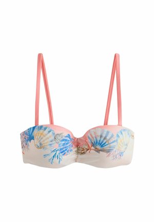 Pink bikini top with thin straps featuring a seashell and coral pattern in blue, orange, and beige tones across the front.