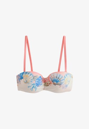 Pink bikini top with thin straps featuring a seashell and coral pattern in blue, orange, and beige tones across the front.