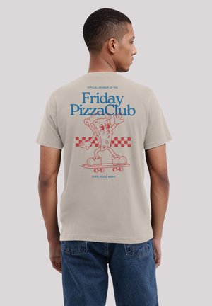 Light gray T-shirt featuring a cartoon pizza character on a skateboard, with blue and red text, and a checkered pattern below.