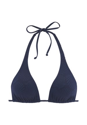 Marineblauer Bikini-Oberteil in dreieckiger Form, mit strukturiertem Muschel-Muster, Bindebändern zum Haltern und gerafftem Stoff entlang der unteren Kante.