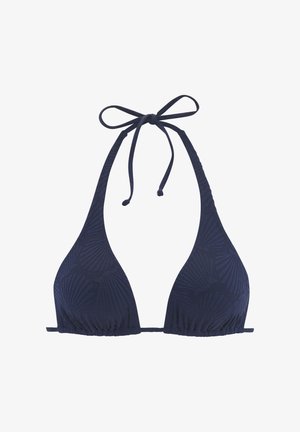 Mornarsko modra bikinkica z obliko trikotnika, teksturiranim lupinastim vzorcem, vezi za vrat in z nabranim materialom ob spodnjem robu.