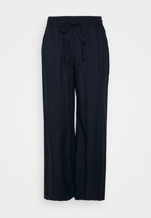 Zwarte wijde broek met elastische tailleband en aantrekkoord, gemaakt van lichtgewicht stof.