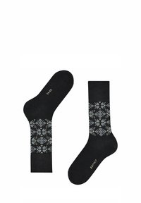 Schwarze Socken mit einem geometrischen Muster, das graue und beige Akzente aufweist. Sie sind mit einer verstärkten Zehe und Ferse ausgestattet. Das Markenlogo ist auf dem Knöchel aufgedruckt.