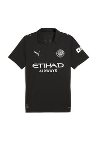 Svart kortärmad fotbollströja i lätt material, med v-ringning, PUMA-logotyp, Manchester City-märke och vit sponsortext.