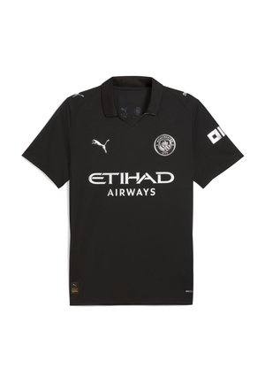 Fekete, rövid ujjú focimez, könnyű anyagból készült, V-nyakkal, PUMA logóval, Manchester City címerrel és fehér szponzori felirattal.