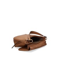 Sac en cuir marron avec une texture lisse, doté d'un rabat pliant et d'une bandoulière ajustable. L'intérieur est doublé d'un tissu contrastant.