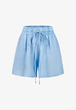 Jasnoniebieskie lniane szorty z elastycznym pasem, zawiązywane sznurkiem i o luźnym kroju. Charakteryzują się gładką fakturą i prostym wzornictwem.