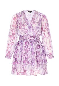 Rochie cu imprimeu floral în nuanțe de violet și roz, cu mâneci lungi din material transparent, design înfășurat, fustă în straturi și talie ajustată. Material ușor.