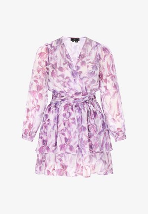 Lila és rózsaszín virágmintás ruha hosszú áttetsző ujjal, batikolt kialakítással, réteges szoknyával és húzott derékkal. Könnyű anyag.