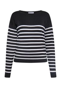 Maglione a righe, con strisce orizzontali bianche e nere, ampia scollatura a barca e maniche lunghe. Morbida texture in maglia e vestibilità rilassata.