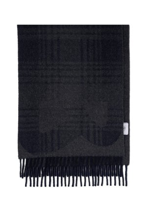Donkergrijze wollen sjaal met een subtiel ruitpatroon, voorzien van franjes aan de randen en een zachte textuur. Voorzien van een klein label aan de zijkant.