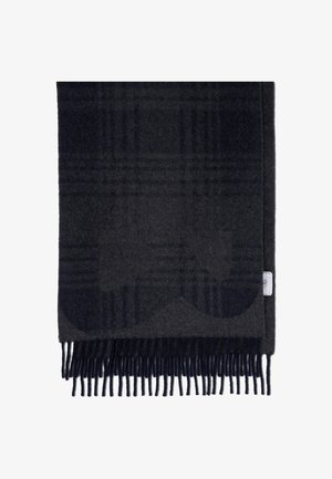 Mørkegråt uldhalstørklæde med et subtilt ternet mønster, der har frynser i kanterne og en blød tekstur. Indeholder en lille label i siden.