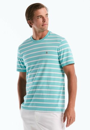 Mann trägt ein türkis-weiß gestreiftes kurzärmeliges Hemd und weiße Hose, schaut seitlich vor einem einfarbigen Hintergrund.