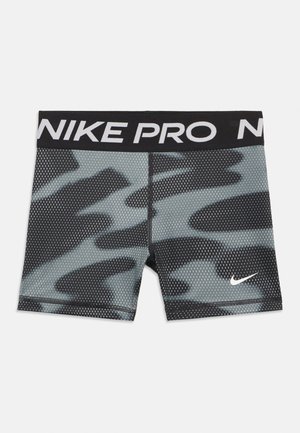 Pantaloncini compressivi Nike Pro con motivo mimetico nero e grigio, vita nera e logo Nike Swoosh bianco sulla gamba.