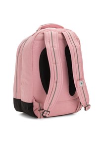 Zaino rosa con spallacci in rete imbottita, dettagli grigi e fondo nero. Presenta una forma arrotondata e chiusura con zip.