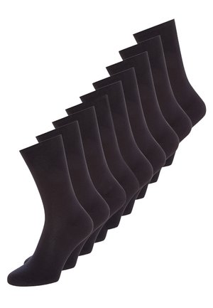 Black socks in a pack of ten. Made of smooth fabric with a simple design, featuring ribbed cuffs and a standard crew height.
