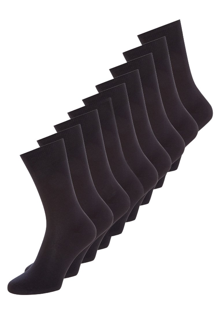 Schwarze Socken im Zehnerpack. Hergestellt aus glattem Stoff mit einem einfachen Design, ausgestattet mit gerippten Bündchen und einer standardmäßigen Knöchelhöhe.