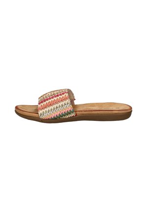 Flat slide sandal with multicolored woven strap and tan cushioned footbed, designed for casual wear.