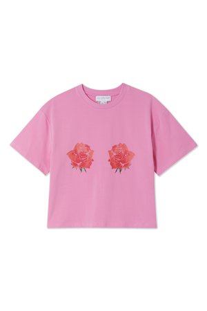 Rosa kort t-skjorte laget av bomull med to grafikker av røde og rosa roser på forsiden, med rund hals og korte ermer.