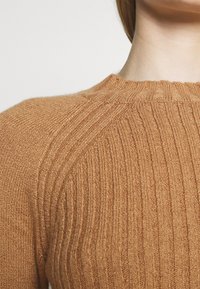 Roestkleurige geribbelde trui met een ronde halslijn en een gestructureerd breipatroon. Close-upweergave benadrukt de details langs de mouwen en schouders.