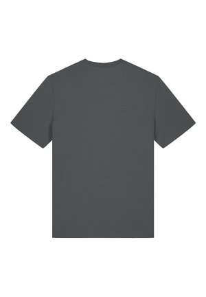 T-shirt uni gris foncé à manches courtes, montré de dos, avec un col rond et sans logo ni motif visible.