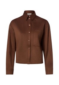 Brown long-sleeve button-up shirt with pointed collar and chest pocket, featuring a slightly cropped fit and smooth fabric texture.