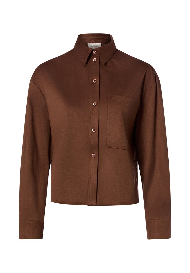 Brown long-sleeve button-up shirt with pointed collar and chest pocket, featuring a slightly cropped fit and smooth fabric texture.